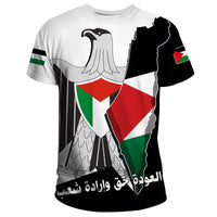 White all-over Palestine T-shirt, eagle shield graphic with Arabic text at bottom