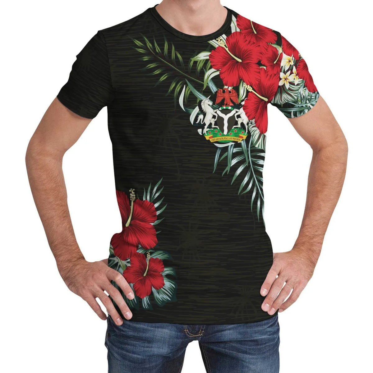Black short-sleeve T-shirt with red hibiscus flowers, tropical leaves and crest graphic