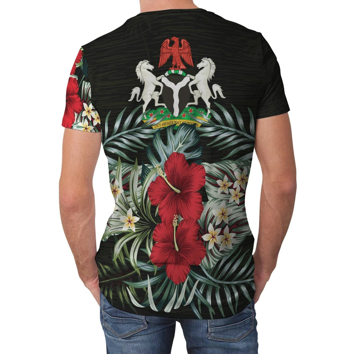 Black T-shirt back print with horses and shield over hibiscus and jungle leaves