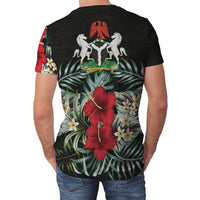 Black T-shirt back print with horses and shield over hibiscus and jungle leaves