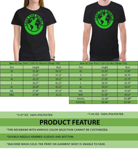 Black T-shirt with green circular LOVE THE WORLD globe logo on chest