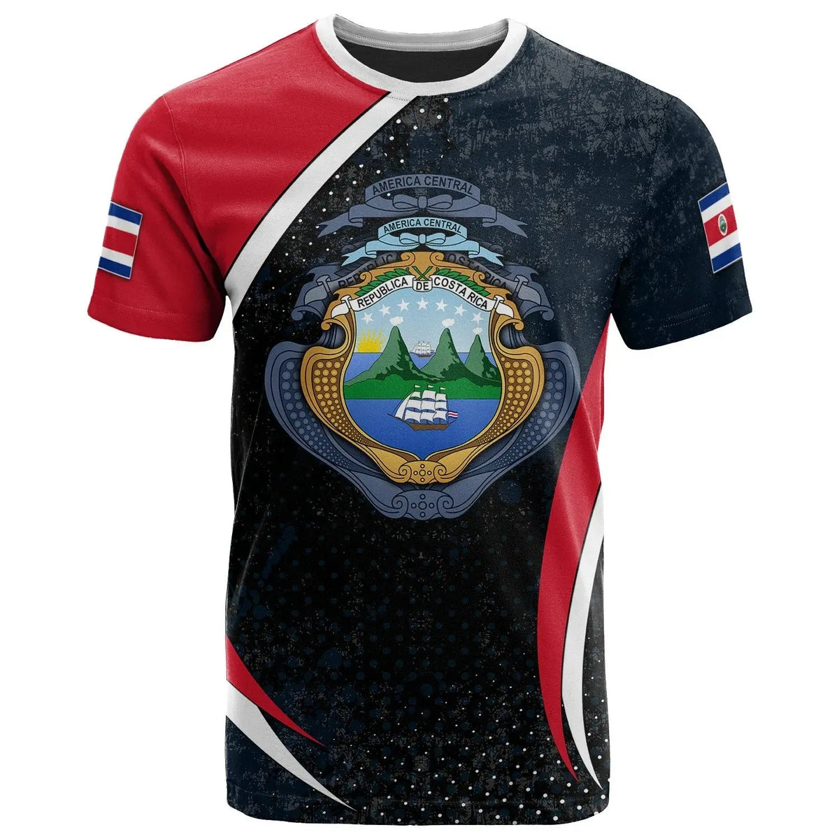 Costa Rica spirit T-shirt with central crest graphic on dark speckled front