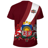Dark red T-shirt with white diagonal stripe and Latvian crest graphic on the back