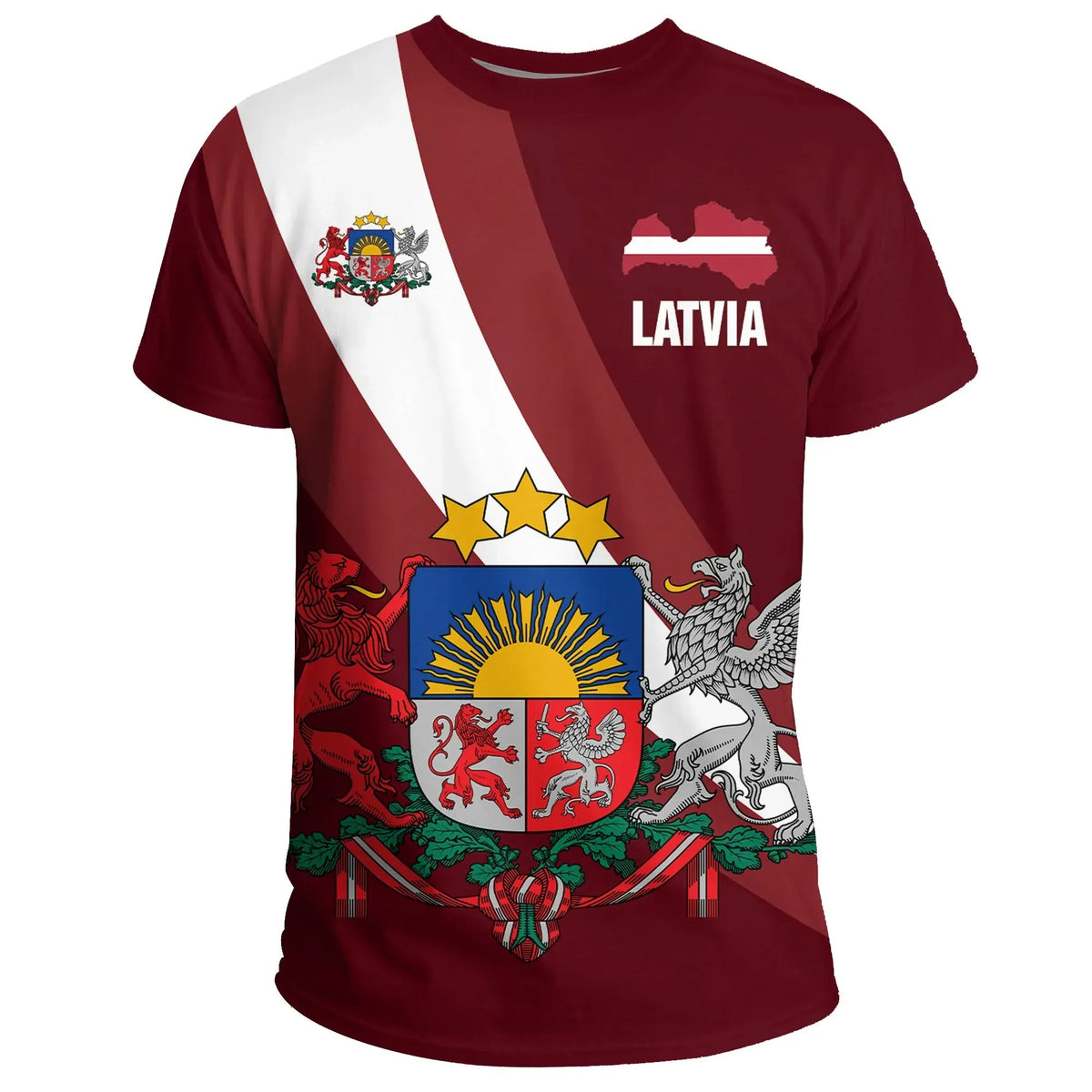 Latvia special flag T-shirt in dark red with white diagonal stripe and LATVIA crest art