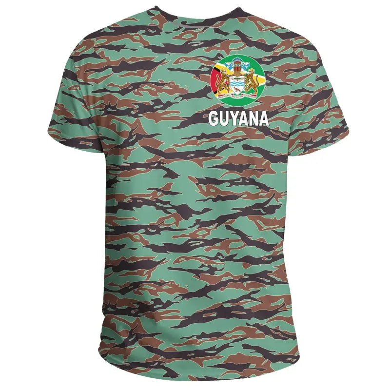 Army Guyana Tiger Stripe Camouflage Seamless Flag And Coat Of Arms T Shirt RLT8 - Wonder Print Shop