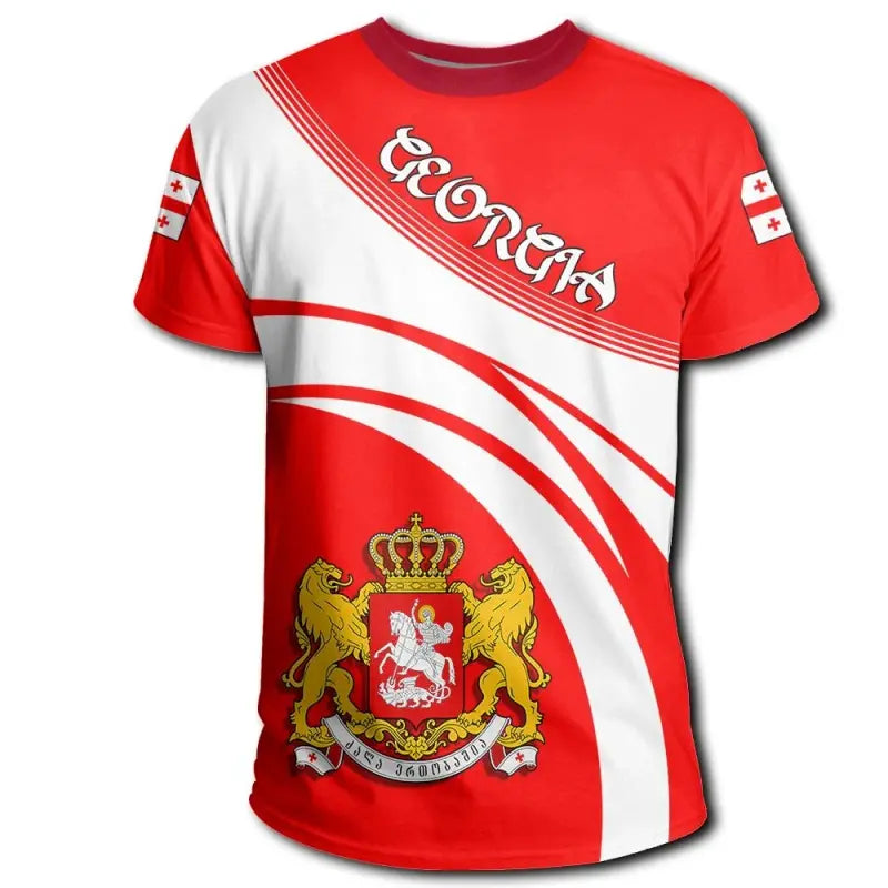 Red cricket-style T-shirt: white diagonal stripes, Georgia text, crest