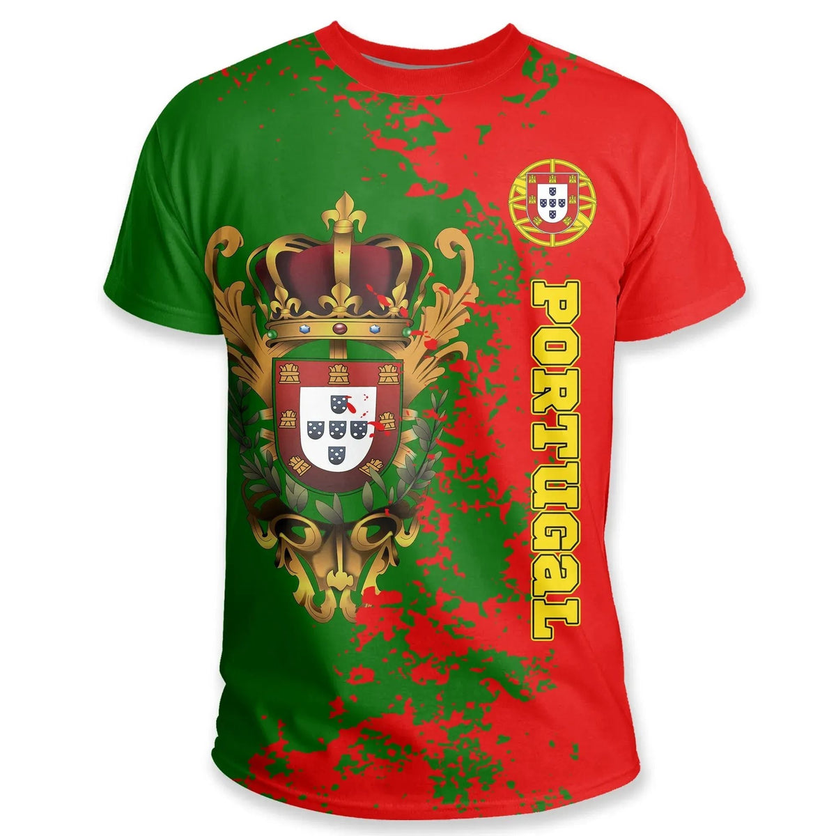 Red t-shirt with Portuguese crest, green map pattern, and vertical PORTUGAL lettering