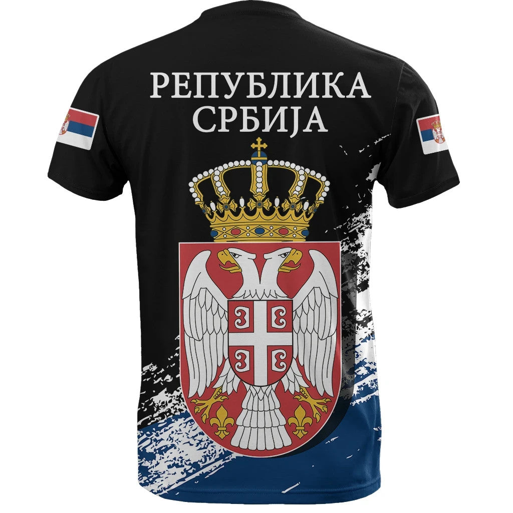 Black T-shirt back: “Република Србија” text, crest and crown; flag patches on sleeves