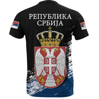 Black T-shirt back: “Република Србија” text, crest and crown; flag patches on sleeves