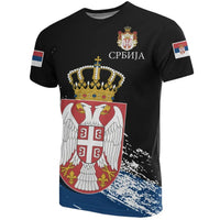 Black T-shirt with Serbia crest and crown graphic, plus flag patches on sleeves