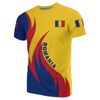 Yellow T-shirt with Romania text, flag patches, and red-blue flame graphic on front