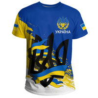 Blue Ukraine T-shirt front with trident, “UKRAINA” text, and flag graphic