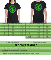 T-shirt product feature panel: 100% polyester, double-needle hems, machine wash cold
