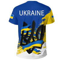 Blue Ukraine T-shirt back with “UKRAINE” lettering and large flag trident print