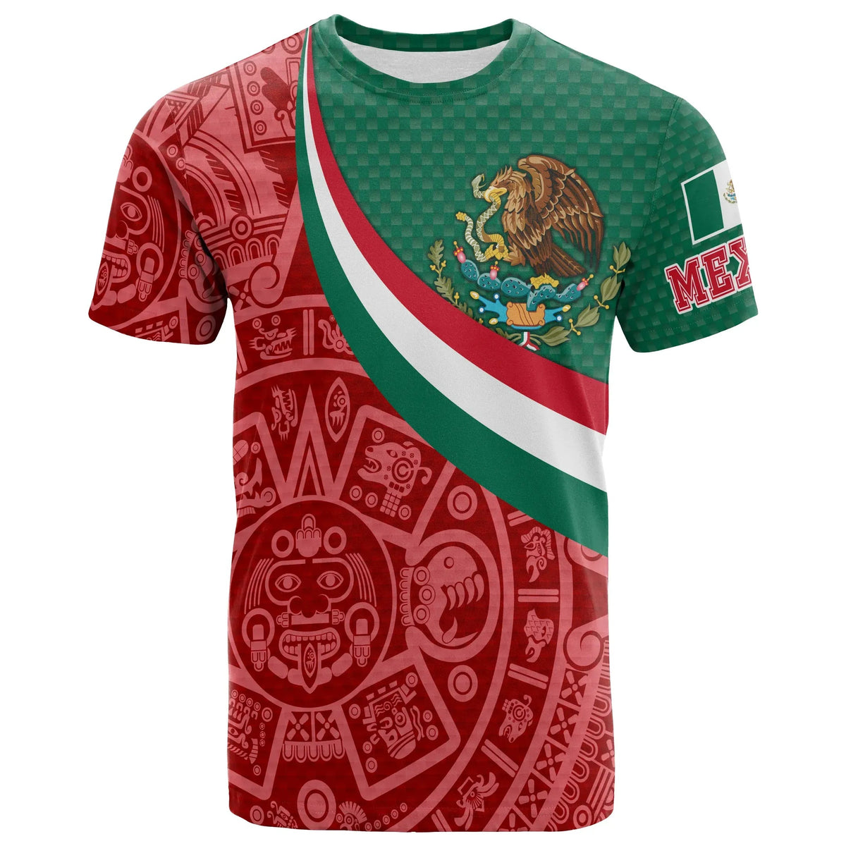 Mexico T-shirt with green/red diagonal stripe and detailed coat of arms graphic