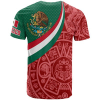 Mexico T-shirt back with Aztec patterns, green/red stripe, and coat of arms crest