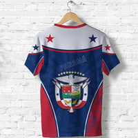 Panama flag circle stripe T-shirt back view with crest emblem and star accents