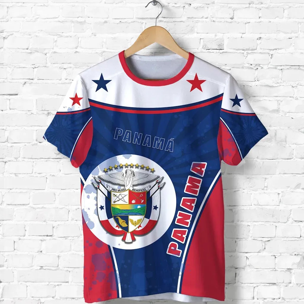 Panama flag circle stripe T-shirt with stars, crest graphic, and red trim
