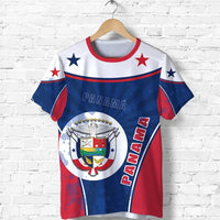 Panama flag circle stripe T-shirt with stars, crest graphic, and red trim