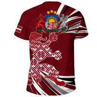 Red Latvia T-shirt back graphic with Latvian lion silhouette and crest