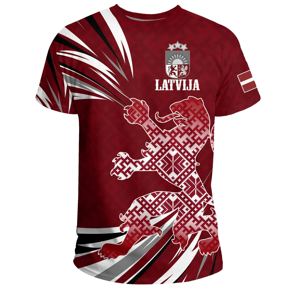 Red Latvia T-shirt with Latvian lion and Latvija crest front graphic