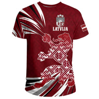 Red Latvia T-shirt with Latvian lion and Latvija crest front graphic