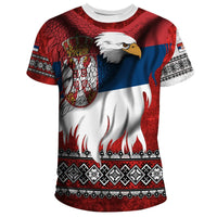 Serbia eagle all-over graphic T-shirt, red blue white, crew neck, short sleeves