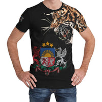 Black crew-neck T-shirt with tiger head and Latvia-style crest graphic in multicolor