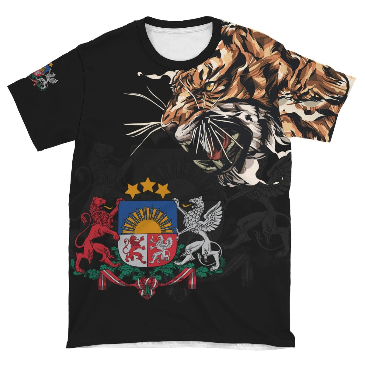 Black crew-neck T-shirt flat lay with tiger head and Latvia-style crest graphic