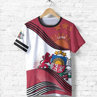 Multicolor Latvia graphic T-shirt with maroon sun, stars, stripes, and lions