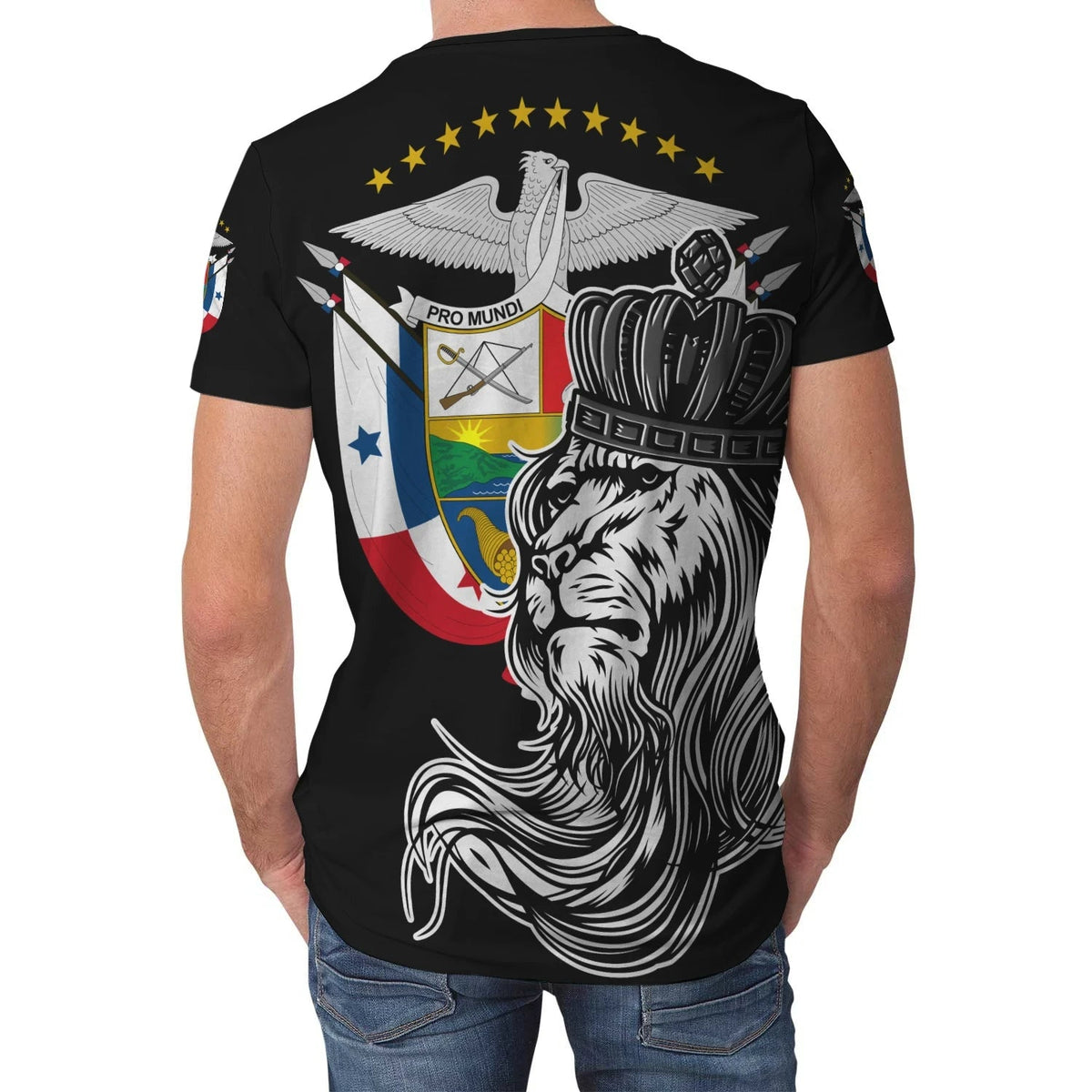 Black T-shirt back view with lion with crown, wing emblem, and star arch graphic