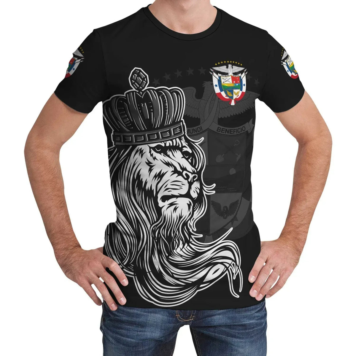 Black T-shirt with detailed lion wearing a crown graphic on the chest