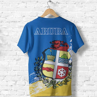 Blue Aruba T-shirt back view with ARUBA text and central crest graphic