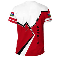 Gambia graphic T-shirt back, red/white lightning design, vertical GAMBIA text, sleeve flag stripes