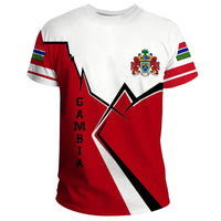 Gambia graphic T-shirt, red/white lightning design, crest on chest, flag stripes on sleeves
