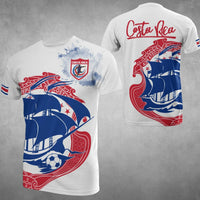 White Costa Rica soccer T-shirt with ship, soccer ball, and crest graphic (front)