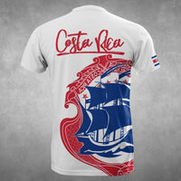 White Costa Rica soccer T-shirt with “Costa Rica” script and ship graphic (back)