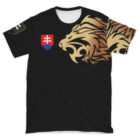 Front of black T-shirt with gold lion head and red-blue Slovak crest patch