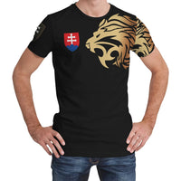 Black T-shirt with gold lion head and red-blue Slovak crest graphic on front