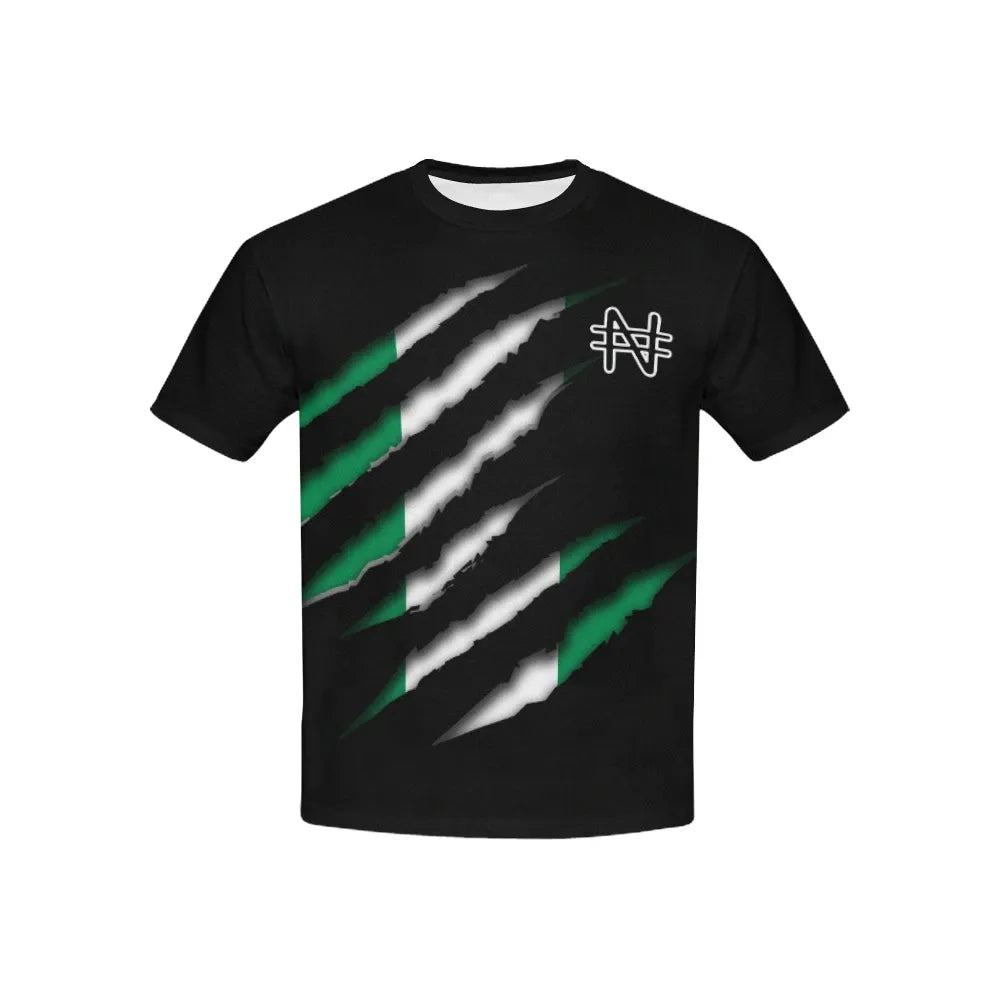 Black T-shirt front view with diagonal green/white stripes and white symbol near shoulder