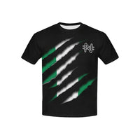 Black T-shirt front view with diagonal green/white stripes and white symbol near shoulder