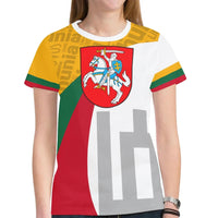 Lithuania flag T-shirt on model: coat of arms crest, red-green wave panel, large L
