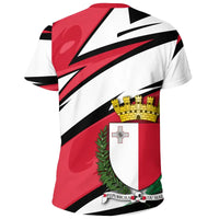 T-shirt with Malta crest: gold crown, Maltese cross, red/white shield and diagonal stripes