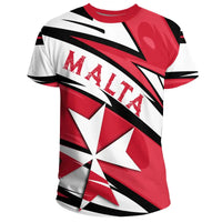 T-shirt with Malta flag graphic: red, white, black stripes and Maltese cross