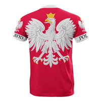 Red Poland graphic T-shirt back view with large white eagle crest and POL band