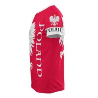 Red Poland graphic T-shirt side with white eagle wing print and vertical POLAND