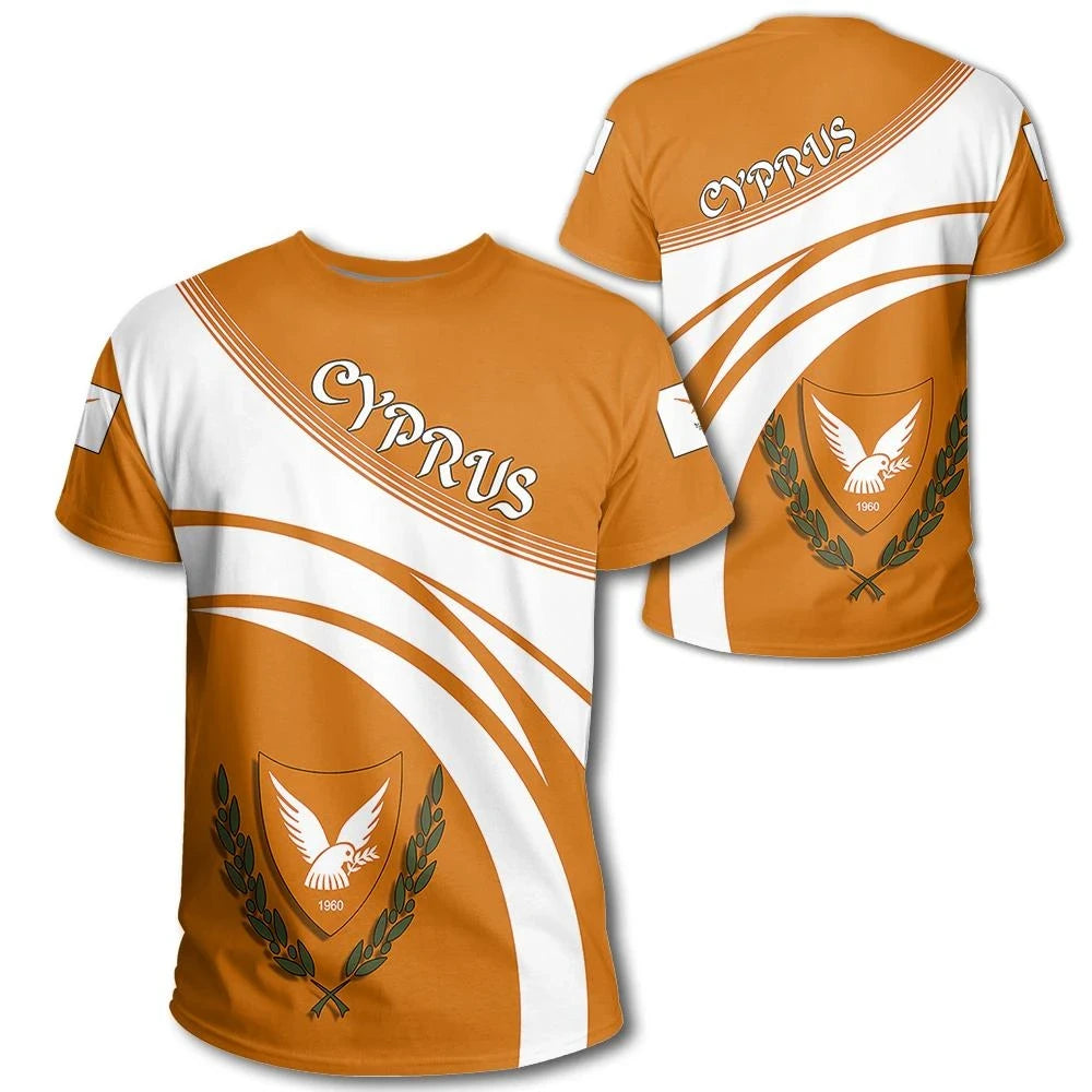 Orange and white cricket-style Cyprus coat of arms T-shirt with bird crest and laurels