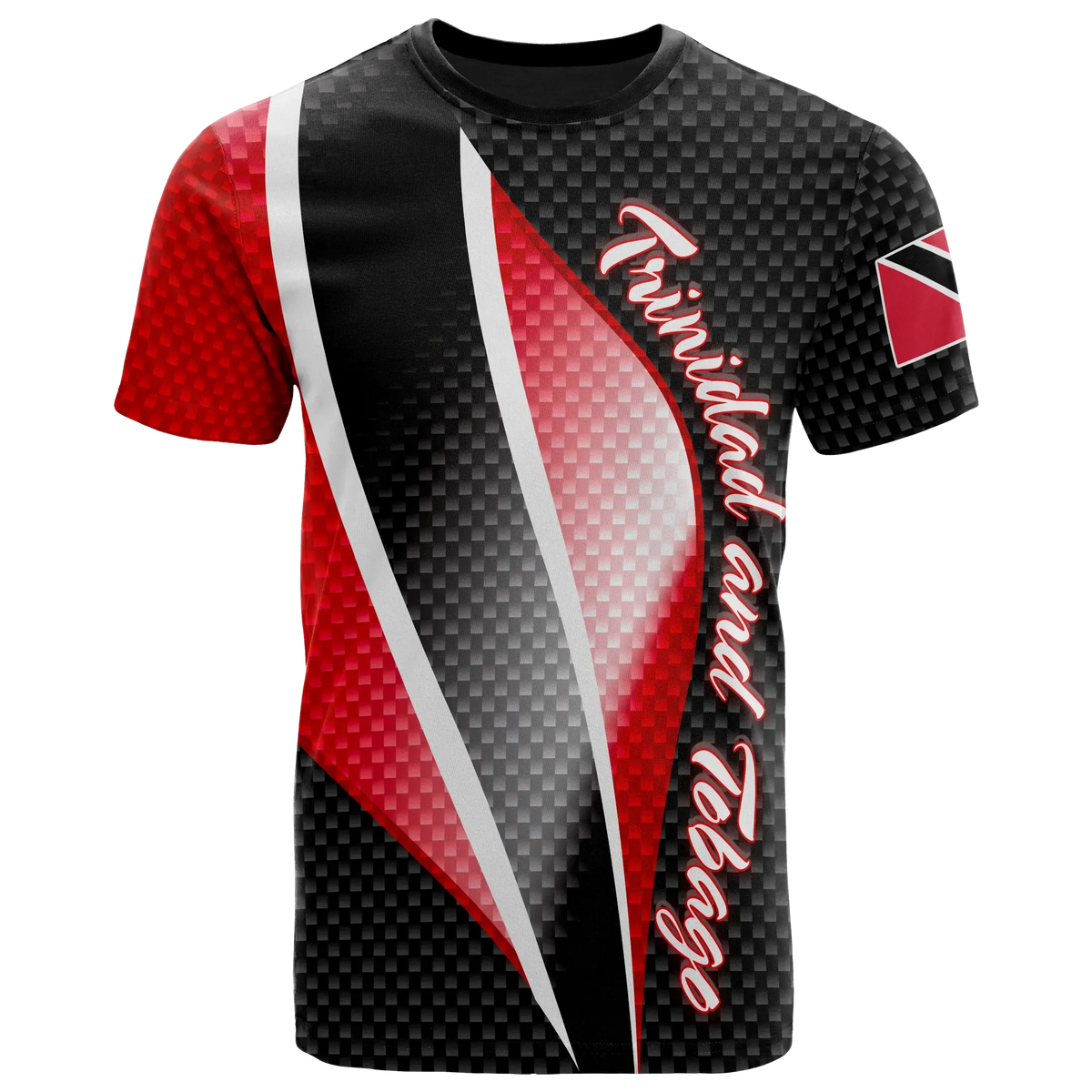 Trinidad and Tobago flag graphic T-shirt with diagonal red, black, and white stripes
