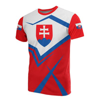 Red/white Slovakia T-shirt with central crest, blue stripes and heart shield