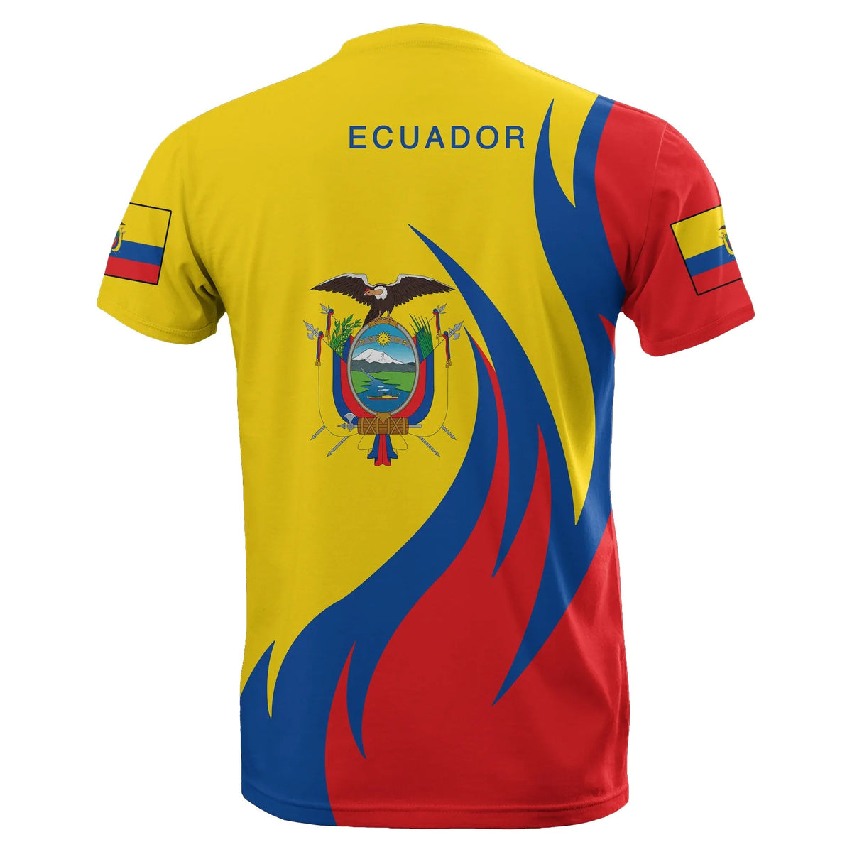 Yellow Ecuador T-shirt with crest and “ECUADOR” text on back, flame pattern